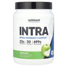 Nutricost intra-workout complex powder tub with black cap and green apple label