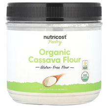 Nutricost Pantry Organic Cassava Flour jar, black lid, white powder.