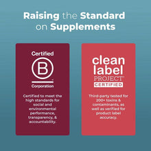 Organic hair, skin & nails gummies bottle with Certified B and Clean Label Project badges