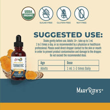 MaryRuth's organic turmeric liquid extract bottle with suggested use directions panel