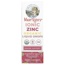 Organic ionic zinc liquid drops supplement box, Strawberry Lemon flavor label