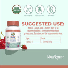 Toddler multivitamin gummies bottle with Suggested Use age 2–3 dosage table and USDA icons