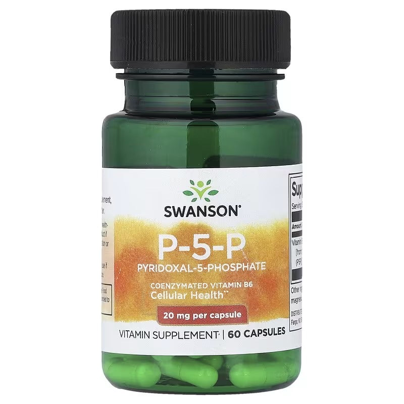 Swanson P-5-P vitamin capsules bottle, 20 mg per capsule, 60 capsules