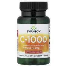 Swanson C-1000 Vitamin C vegan capsules bottle, rose hips front label, 30 count