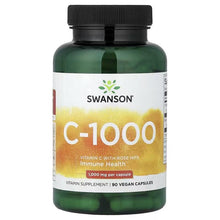 Vitamin C supplement bottle with black cap; C-1000 front label, 90 vegan capsules