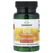 Swanson Vitamin B6 Pyridoxine vegan capsules bottle, black cap, green pills visible