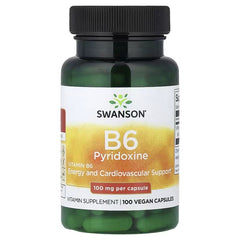 Swanson Vitamin B6 Pyridoxine vegan capsules bottle, black cap, green pills visible