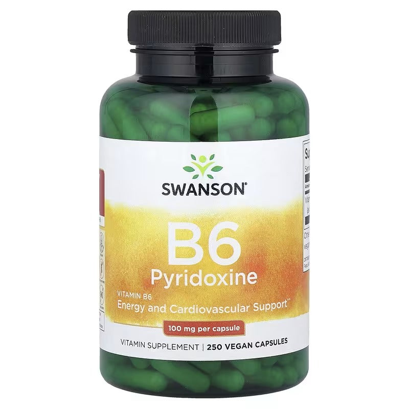 Swanson Vitamin B6 Pyridoxine bottle showing 250 vegan capsules, black cap, green capsules