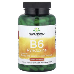 Swanson Vitamin B6 Pyridoxine bottle showing 250 vegan capsules, black cap, green capsules