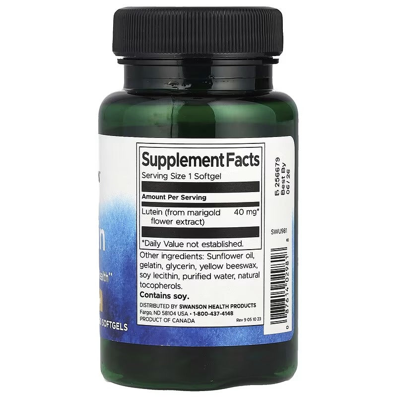 Lutein softgels bottle with Supplement Facts label, 40 mg per serving, black cap