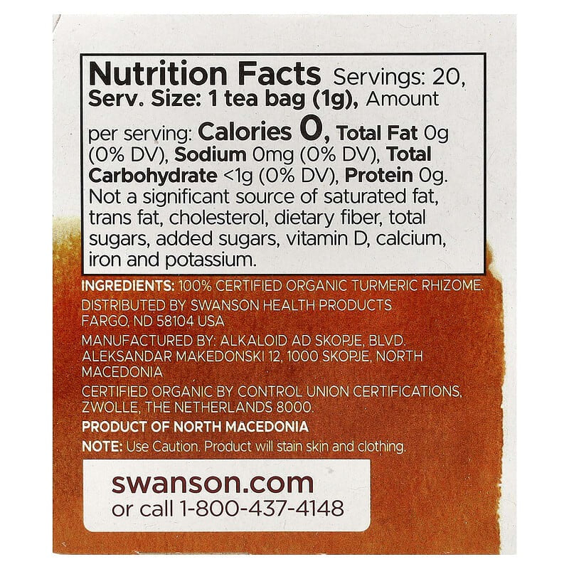 Turmeric caffeine-free organic herbal tea package back with nutrition facts panel