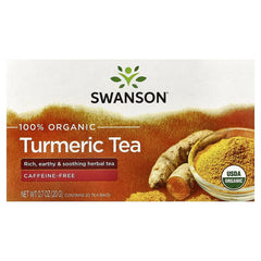 Turmeric caffeine-free organic herbal tea box with turmeric root and powder graphic