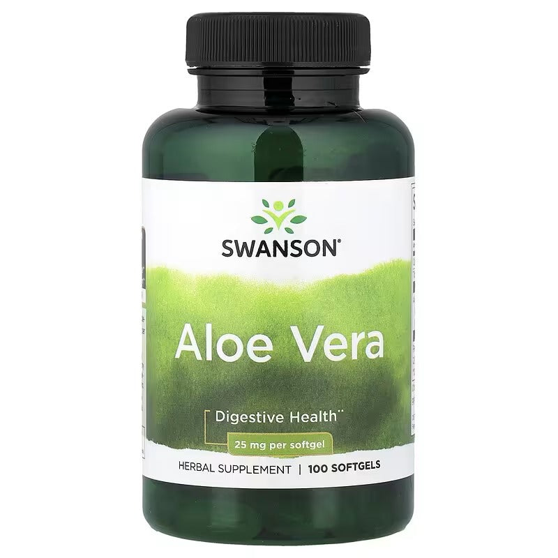 Swanson Aloe Vera 25 mg softgels bottle, 100 count, dark green with black cap
