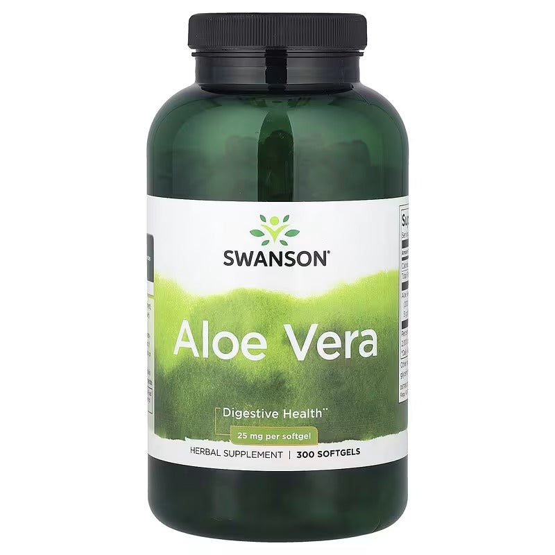 Swanson Aloe Vera 25 mg softgels bottle, 300 count, dark green with black cap