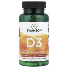 Swanson Vitamin D3 high potency bottle with green capsules, 2000 IU, 250 count