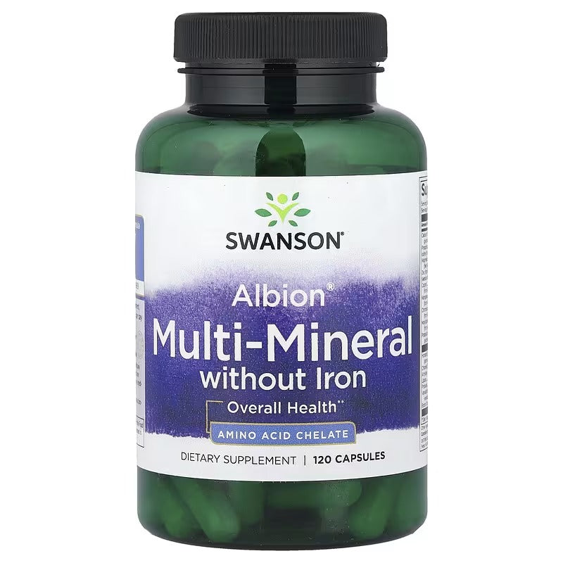 Albion multi-mineral bottle without iron; black cap, purple label, green capsules