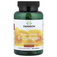 Swanson Super Stress B-Complex vitamin C supplement bottle, 100 capsules