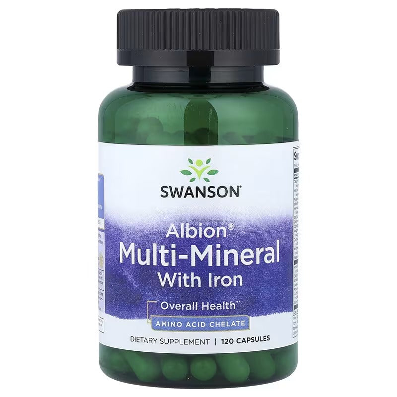 Albion multi-mineral bottle with iron; black cap, purple label, green capsules