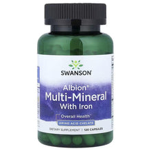 Albion multi-mineral bottle with iron; black cap, purple label, green capsules