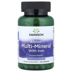Albion multi-mineral bottle with iron; black cap, purple label, green capsules