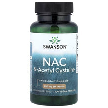 Swanson NAC 600 mg vegan capsules bottle, black cap, green capsules visible