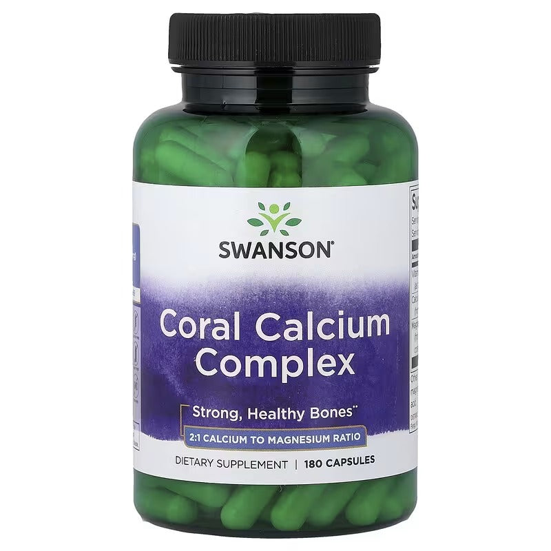 Swanson Coral Calcium Complex supplement bottle, black cap, dark green, 180 capsules