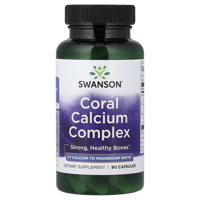 Swanson Coral Calcium Complex supplement bottle, black cap, dark green, 90 capsules