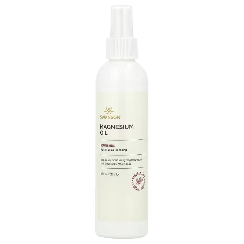 Swanson magnesium oil bottle with spray pump; white label and cap.