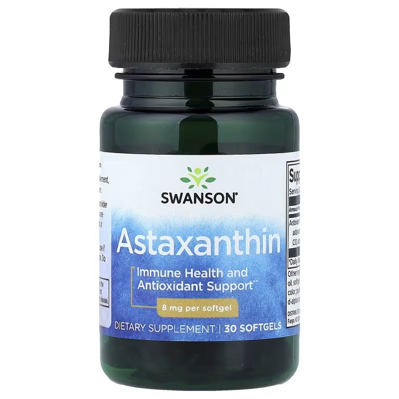 Swanson Astaxanthin softgels bottle, 8 mg per softgel, black cap, 30 count