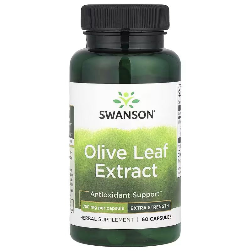 Swanson Olive Leaf Extract herbal bottle, 750 mg per capsule, extra strength, 60 capsules