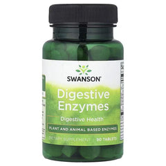 Digestive enzymes supplement bottle, black cap; label shows 90 tablets
