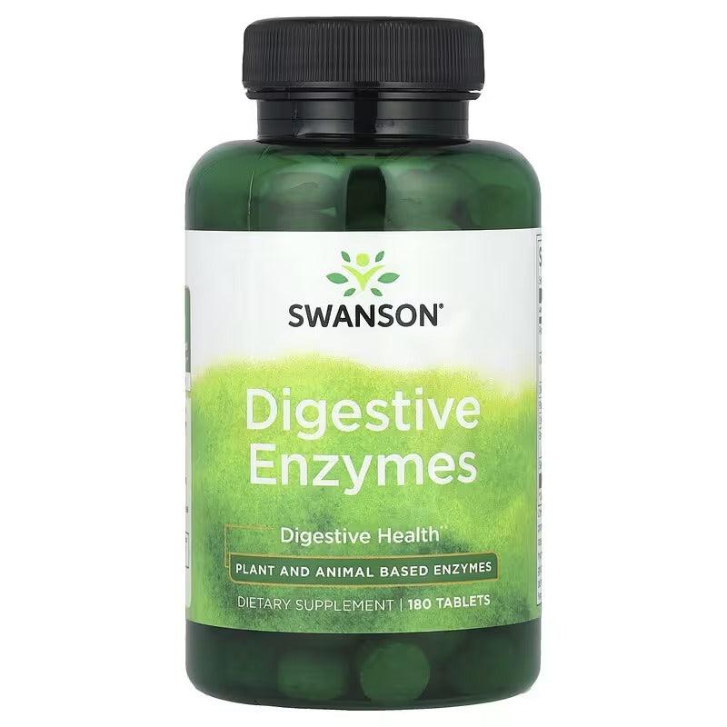 Digestive enzymes supplement bottle, black cap; label shows 180 tablets