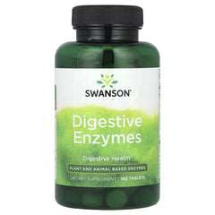 Digestive enzymes supplement bottle, black cap; label shows 180 tablets
