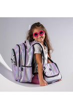 Iridescent kids backpack trolley set with lunch bag and pencil case, worn by child