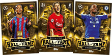 Three gold 'Hall of Fame' UEFA trading cards with player silhouettes and crests