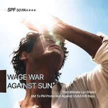 Mannlich lip balm applied by a man under the sun, SPF 50 PA++++