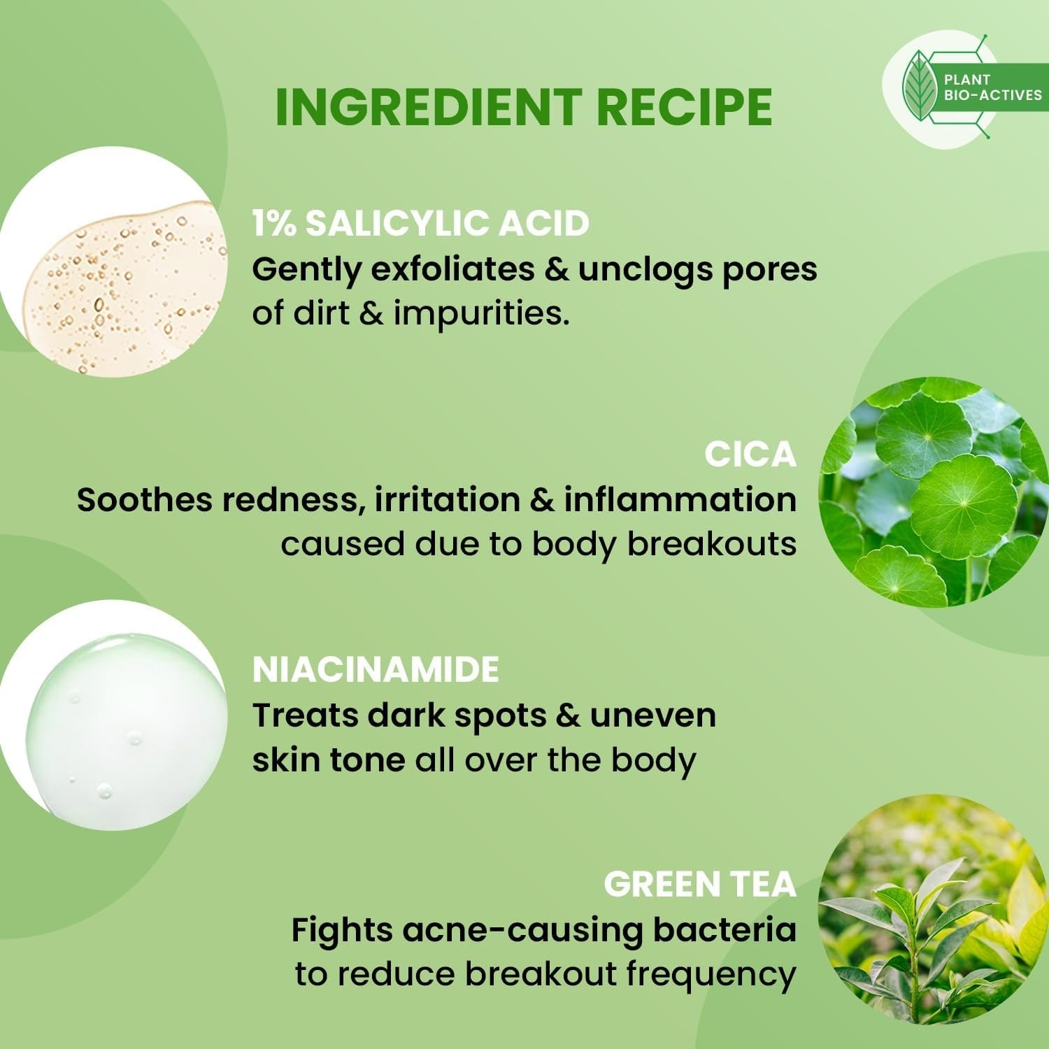 Ingredient recipe for exfoliating shower gel featuring 1% salicylic acid and niacinamide