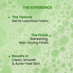 Shower gel experience graphic showing gel-to-foam texture and non-drying finish