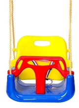 Yellow and blue baby swing with red front bar and hanging ropes, studio view