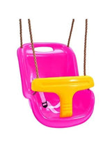 Pink baby swing with yellow front bar and hanging ropes, studio view