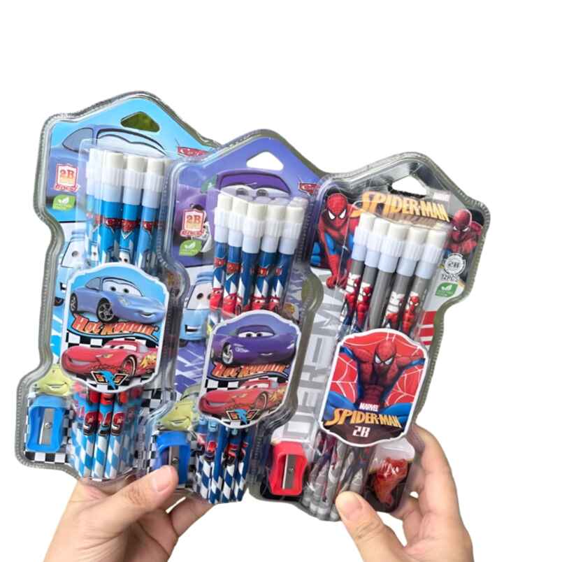 Kids Cartoon Character Pencil Set – 12 Pack with Cars and Spider Guy