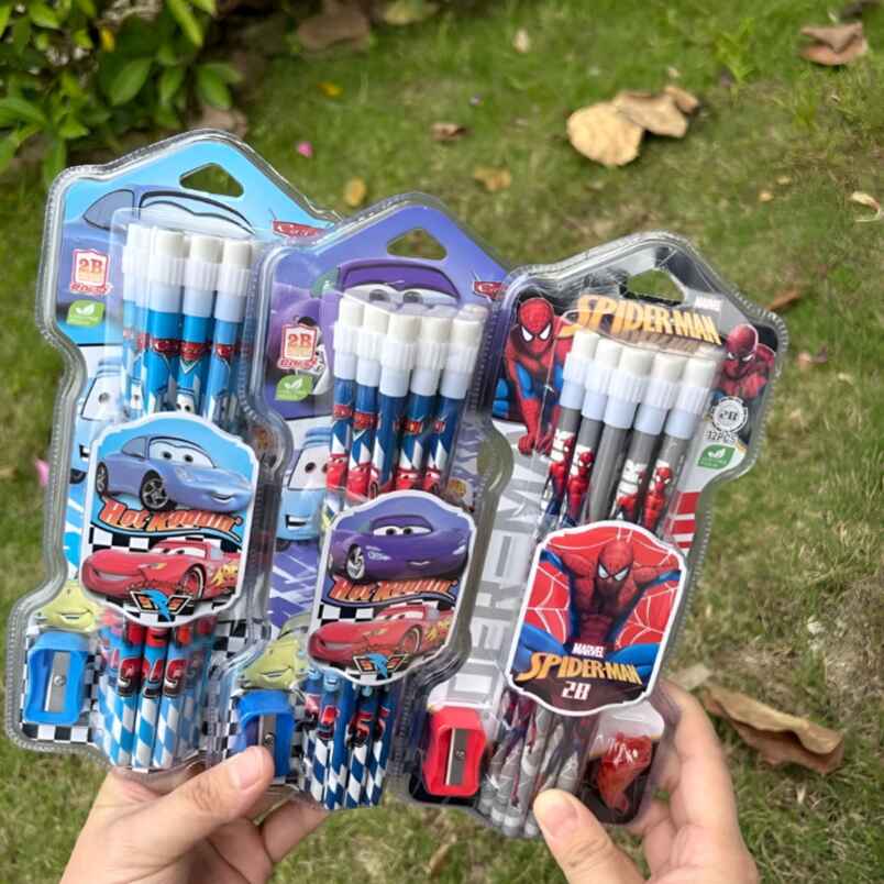 Kids Cartoon Character Pencil Set – 12 Pack with Cars and Spider Guy