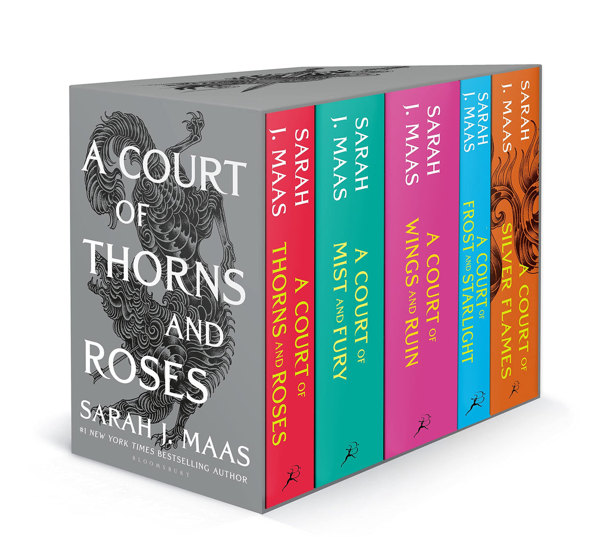 A Court of Thorns and Roses box set by Sarah J Maas with five colorful hardcover books in a grey slipcase