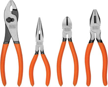 4-piece plier set with orange handles and Black+Decker branding