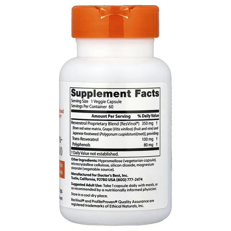 Trans-Resveratrol 100 supplement bottle back label with Supplement Facts panel, orange cap