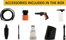 Pressure washer accessory set: hose, spray gun, nozzles, and small bottle