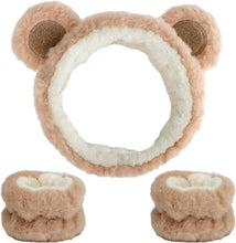 Bear-eared plush face wash headband with two matching wrist bands, soft coral fleece