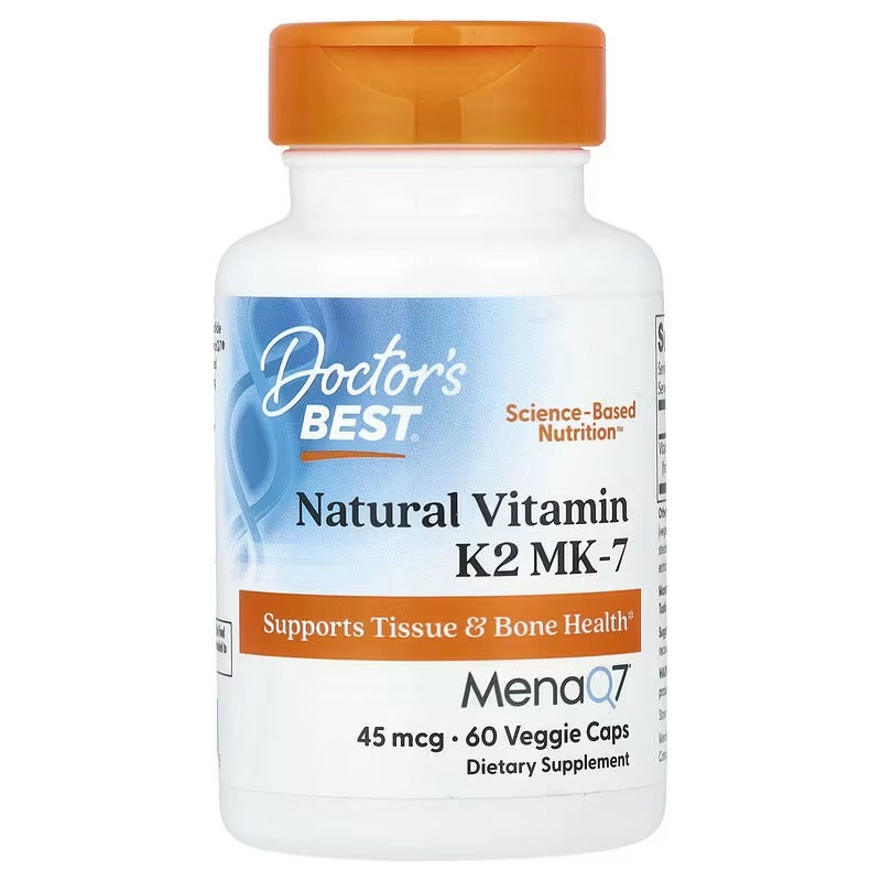 Vitamin K2 MK-7 supplement bottle, MenaQ7 45 mcg, 60 veggie caps, orange cap