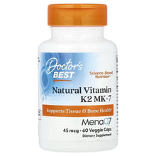 Vitamin K2 MK-7 supplement bottle, MenaQ7 45 mcg, 60 veggie caps, orange cap