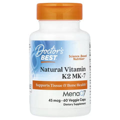 Vitamin K2 MK-7 supplement bottle, MenaQ7 45 mcg, 60 veggie caps, orange cap